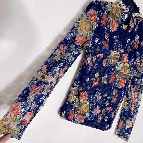 Vintage Y2K Floral Lace Embellished Long Sleeve Mock Neck Top XS - Picture 13 of 16